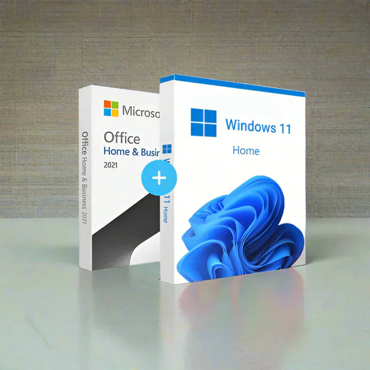 Microsoft Office 2021 Home and Business and Windows 11 Home software boxes